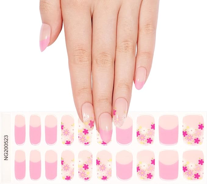 Flower Semi Cured Gel Nail Strips - 20Pcs Pink French UV Gel Nail Wraps with Colorful Floral Design, Long Lasting Salon-Quality Stickers, Includes Nails File & Wooden Stick - UV/LED Lamp Required