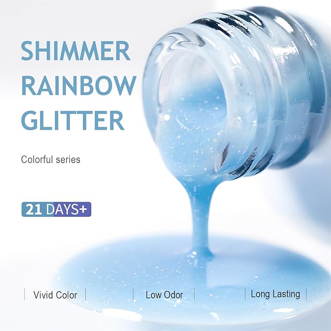 RARJSM Iridescent Glitter Gel Nail Polish Clear Pastel Blue Chunky Sparkle Rainbow Shimmer Jelly Transparent Sky Blue Gel Polish Single Bottle Soak off UV LED Cured for Home Salon Manicure 15ML
