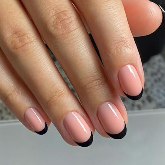 modelones Black French Tip Press On Nails, Short Oval Fake Nails Press Ons with Nail Glue, Adhesive Tabs, Nail File, Prep Pad, Manicure Stick, 32Pcs 16 Sizes, Women Girl Gift