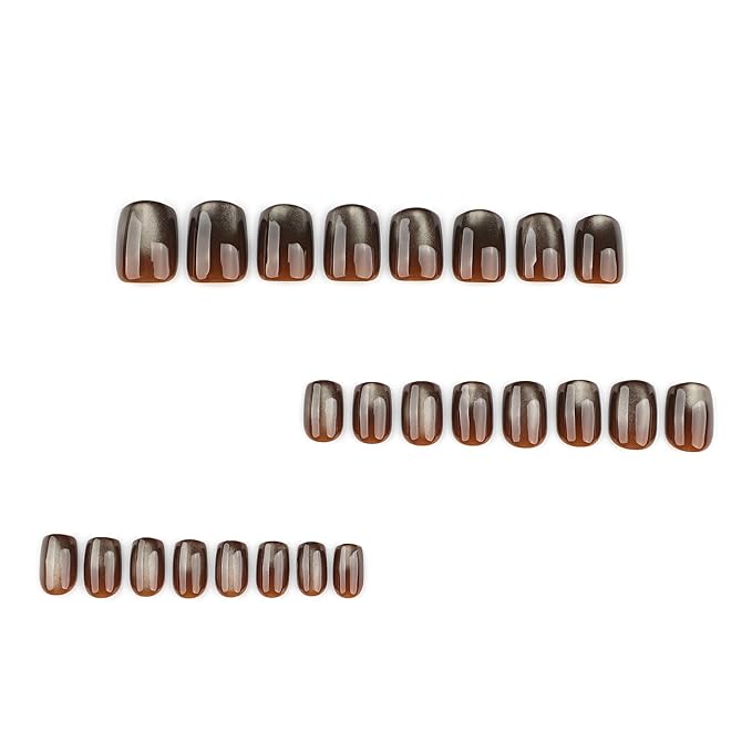 Glitter Brown Cat Eye Press On Nails Short Round – Fall Caramel Color, Gel-Infused Acrylic Reusable Fake Nails w/Adhesive Tabs & Glue, Salon-Quality Cute Press-Ons for Women Girls Gift