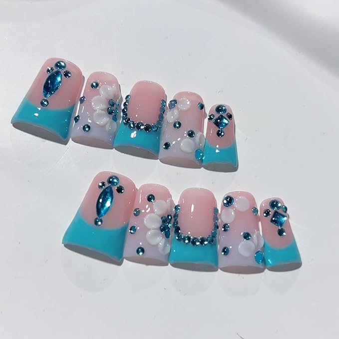 Handmade Press on Nails 3D Blue Rhinestones White Art Petal False Nails with Pink Blue Color Designs Reusable Full Cover Acrylic Thick Press on Nails for Women Girls 10 Pcs （Size M ）