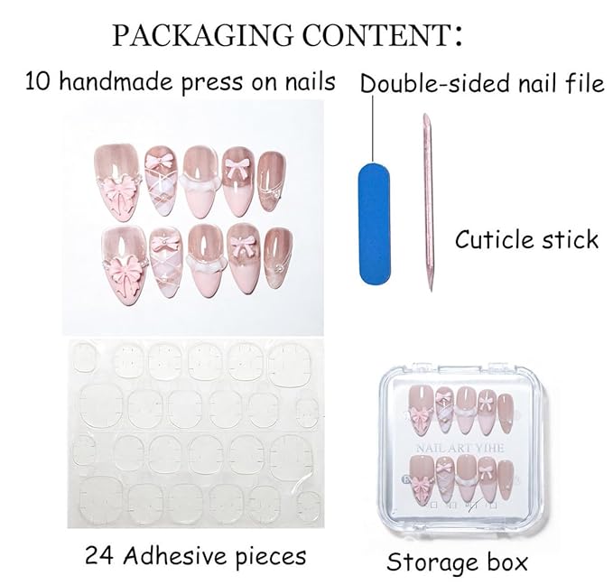 10 Medium Almond Handmade Press On Nails | Kawaii Pink Cat Eye Fake Nails with 3D Bow, Argyle & Pearl Accents | Reusable Nails (5U02, M)