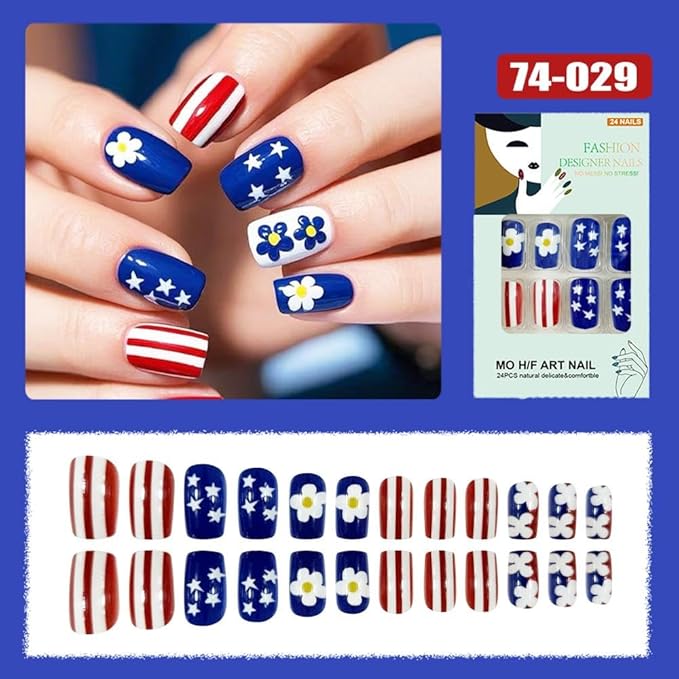 Independence Day Press on Nails Short Square False Nails with Blue Flower Design Red White Striped Fake Nails Star Daisy Glue on Nail Glossy Summer 4th of July Stick on Nail for Women Manicure 24Pcs