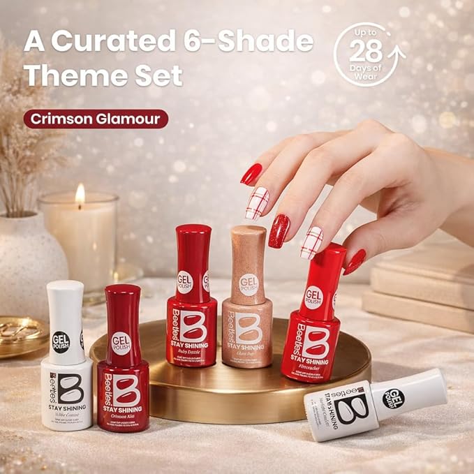 Beetles Valentines Gel Nail Polish Set, Stay Shining Crimson Glamour Shade Set 6 Colors Gel Polish White Red Burgundy Glitter Color Soak Off UV LED Nail Art DIY Salon at Home Gift for Women