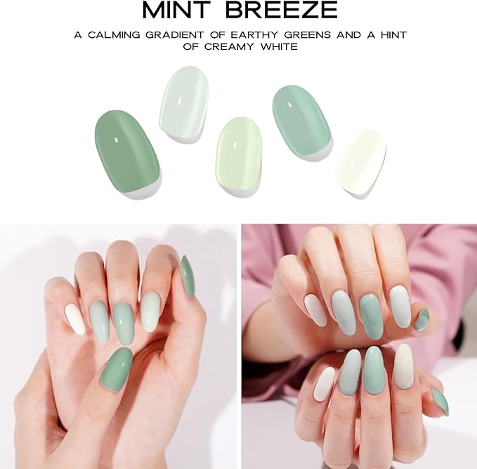 Semi-Cured Gel Nail Strips - 20 Salon-Quality Gel Sticker with UV Light Required, Long Lasting, Easy Application & Removal, Includes Prep Pad, Nail File, Wooden Stick (Green Mint)