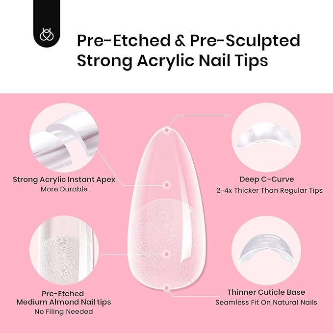 Beetles Tipex Instant Apex Nail Tips Medium Almond: 512 Pcs 16 Sizes Pre-Building Pre-Etched Full Cover Half Matte -Thick Acrylic Nail Tips