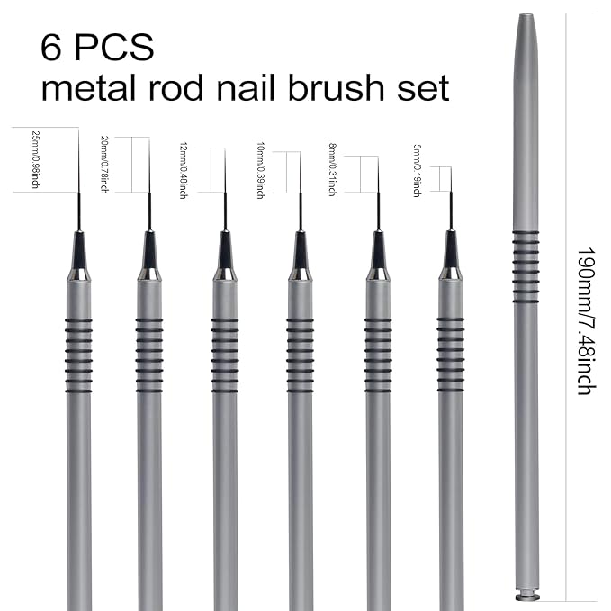 Nail Art Liner Brushes，6Pcs liner brush for nails gel Tiny Details, Fine Drawing, Delicate Coloring nail art liner brushes Sizes 5/7/9/11/20/25mm