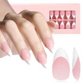 AILLSA French Gel Nail Tips,180 Pcs Pink Medium Almond French Tip Press On Nails, Pre-Applied Primer & Base Coat, No Need File, Almond Fake Nails Press ons with Designs 15 Sizes