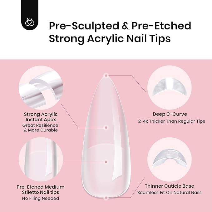 Beetles Tipex Instant Apex Nail Tips, Stiletto Medium, 16 Sizes (00–14), 192pcs, Built-In Apex, No Builder Gel Required, Thicker Strong Acrylic Tips for DIY Nail Extensions