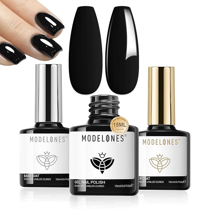modelones Gel Top Coat Base Coat & Black Gel Nail Polish Set, 3 Pcs No Wipe Shine Finish and Long Lasting, Soak Off Nail Lamp Acid Free No Wipe Clear Base Top Gel Nail Polish Art Manicure Gifts