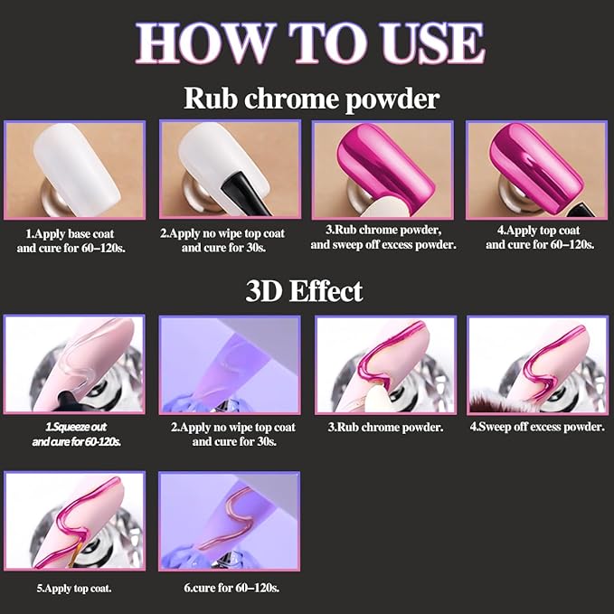 9 Jars Chrome Nail Powder for Gel Nails, Metallic Mirror Effect Pigment Nail Chrome Powder Kit with 10ml 3D Sculpting Gel for Home DIY Salon Use