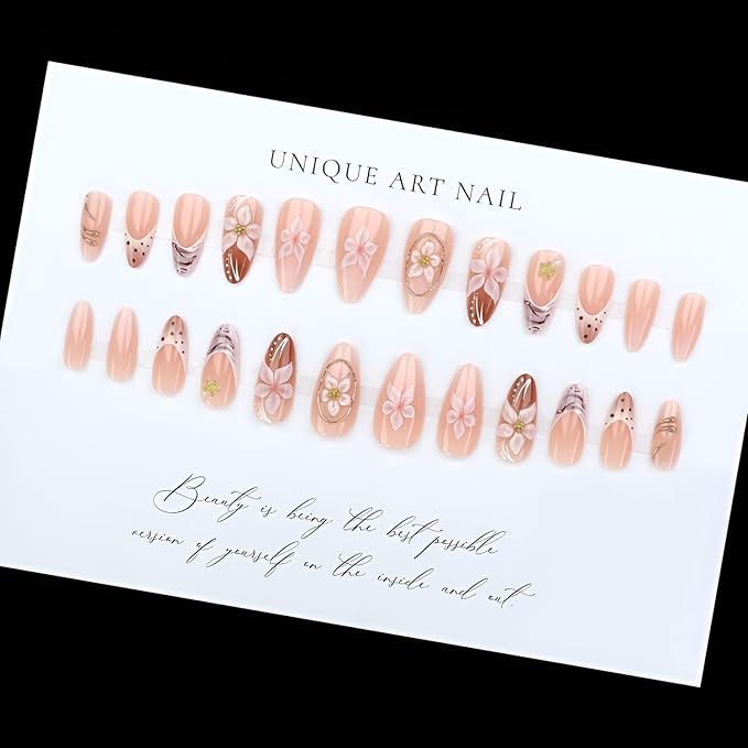 French Tip Fake Nails Medium Almond Press on Nails Embossed Flower Nails Press Ons Polka Dot False Nails Nude Glossy Glue no Nail Gold Line Acrylic Stick on Nail for Women Decoration 24Pcs