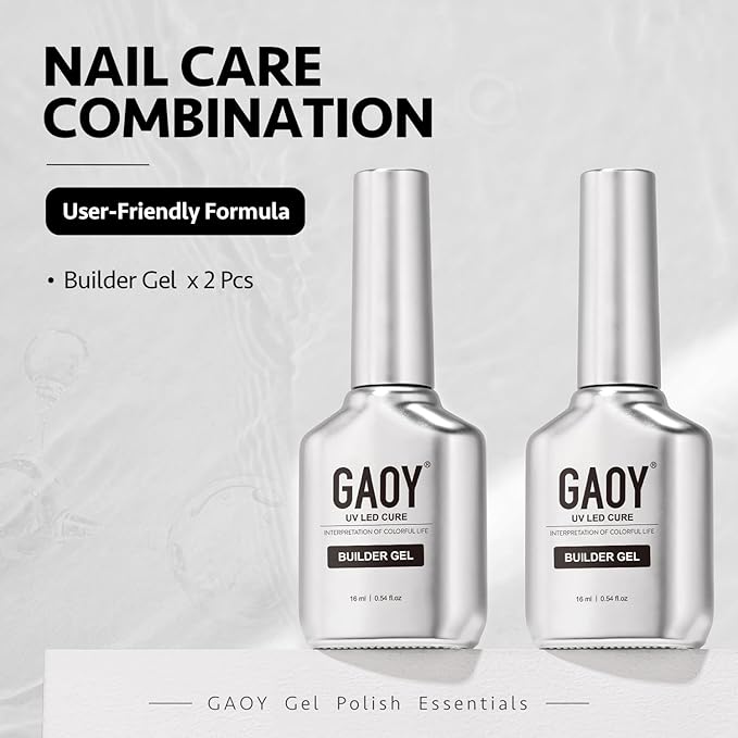 GAOY 2 Pcs 16ml Clear Builder Gel for Nails, Nail Strengthener in a Bottle, Nail Extension Hard Gel, Soak Off Long Lasting UV Light Cure, Base Coat Top Coat Needed