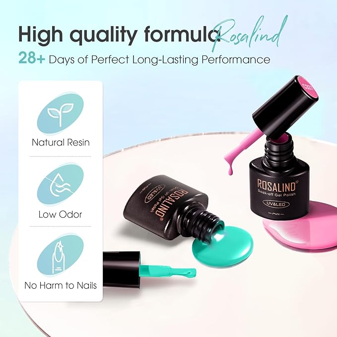 ROSALIND 24Pcs Neon Gel Nail Polish Set with Gel Base and Matte Glossy Glitter Top Coat, Bright Neon Colors Nail Gel Polish Soak Off UV Manicure Rainbow Nail Art