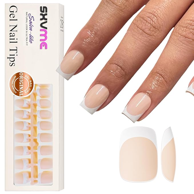 Gel French Tip Nails Short Square Press on Nails White 300Pcs Pre-applied Tip Primer Natural Nude Fake Nails Extensions Kit for Women Girls DIY
