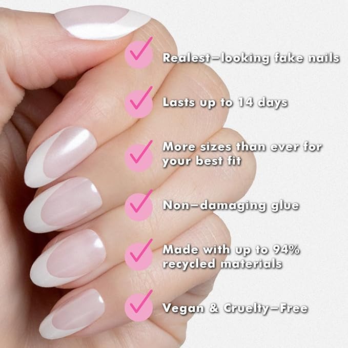 Olive & June Instant Mani Press-On Nails (Glue) | 42 Fake Nails, 21 Sizes | Non-Toxic, Long-Lasting Recycled Materials Realistic Look | Spring Flowers & Patterns | Medium, Oval | Chrome French