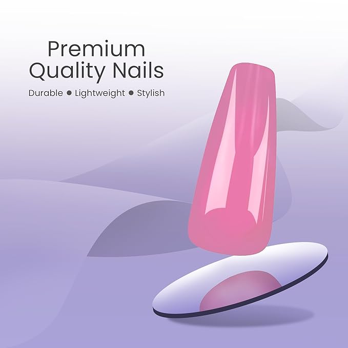 Allkem Press On Nails - Rose Pink Glossy Extra Long Ballerina 2 Set Bundle | 10 sizes - 20 pcs False Nails Full Cover Nail Kit with Glue