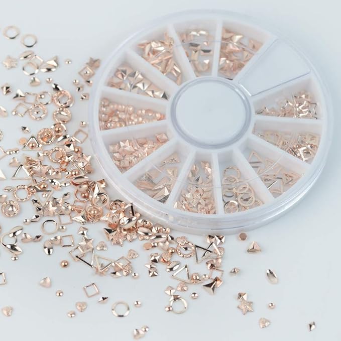 Nail Studs 3D Nail Charms Decals for Women,6 Box Metal Mixed Shaped Nails Art Rhinestones Jewelry Caviar Beads Decorations With Tweezers Supply Kit Gold Silver Rose Gold