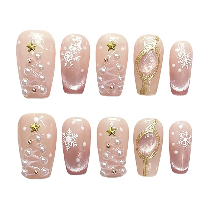 Pink Glitter Press on Nails Short Square - 3D Snowflake & Star Gems Design Sparkly Winter False Nails (Holiday Opulence-B,M)