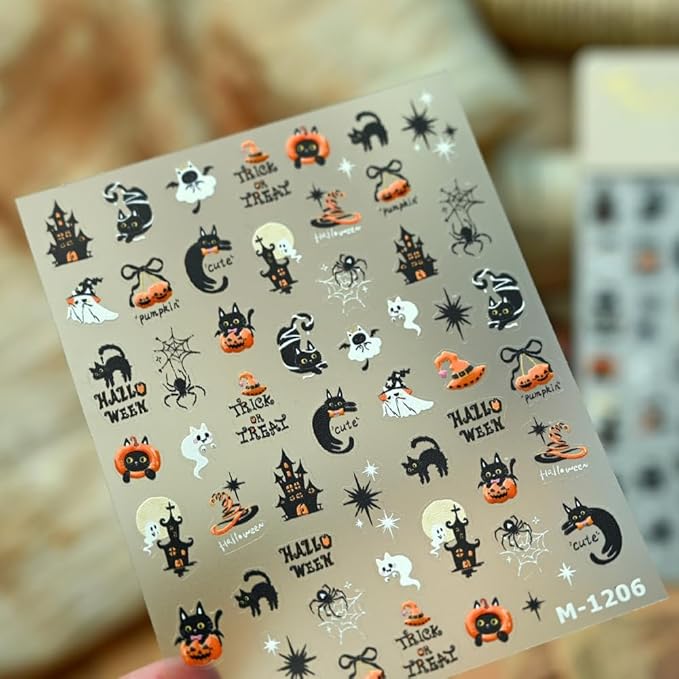 Halloween Nail Stickers 3D Self Adhesive Cute Pumpkin Nail Art Stickers 5D Embossed Black Bat Cat Nail Decals Spider Web Nail Art Supplies Haunted House Nail Design for Women Girls 1 Sheets