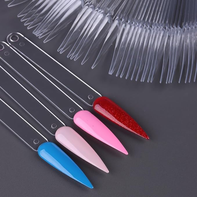 150 Pcs Nail Swatch Sticks with Ring, Clear Pointed Shaped Nail Art Polish Display Tips, Stiletto False Nail Sample Sticks, Nail Practice Color Display Board Manicure Home DIY Salon Supplies