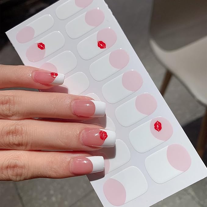 6 Sheets Valentines Day Nail Stickers Romantic Pink Red Heart Full Wrap Gel Nail Strips Self-Adhesive Red Lips French Tip Nail Polish Strips Cute Holiday Gel Nails Decals for Women Acrylic DIY