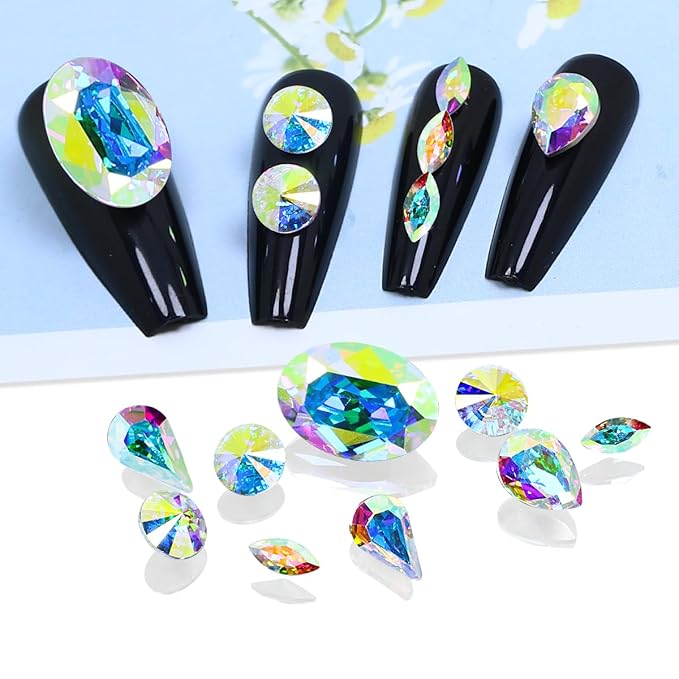 DONGZHOU 100pcs Mix Shape Crystal AB Nail Art Rhinestone Gems Point Back Fancy Stone Sew On Rhinestone Loose Crystal Sewing for Clothing Wedding Dress Nail Art Shoes Bags DIY Crafts