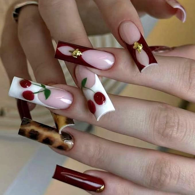 MISUD Press on Nails - Extra Long Square Glue on Nails with Red Cherry, Acrylic Tortoise Design 24 pcs