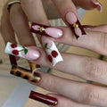 MISUD Press on Nails - Extra Long Square Glue on Nails with Red Cherry, Acrylic Tortoise Design 24 pcs