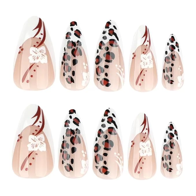 Fall Press on Nails Medium Almond Fake Nails with Leopard Print Design - Flower Full Cover Stick on French Tip False Nails for Women Manicure 24 Pcs
