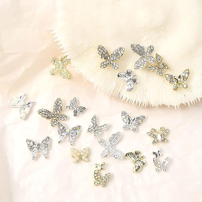 WOKOTO 36 Pcs 3D Butterfly Nail Charms, Gold & Silver Nail Butterfly Charms For Nail Art Jewels, Nail Rhinestones And 3D Butterfly Charms For Nails Butterfly Gems 3D Butterflies For Nails Decorations