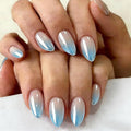 Chrome Ombre Teal Blue Press on Nails Short Almond, Glazed Cute Fake Nails with Sparkle Mirror Design, Shiny Glitter Glue on Nails Stiletto, Gradient Nude Gel Nail Press ons with Glue 30 Pcs