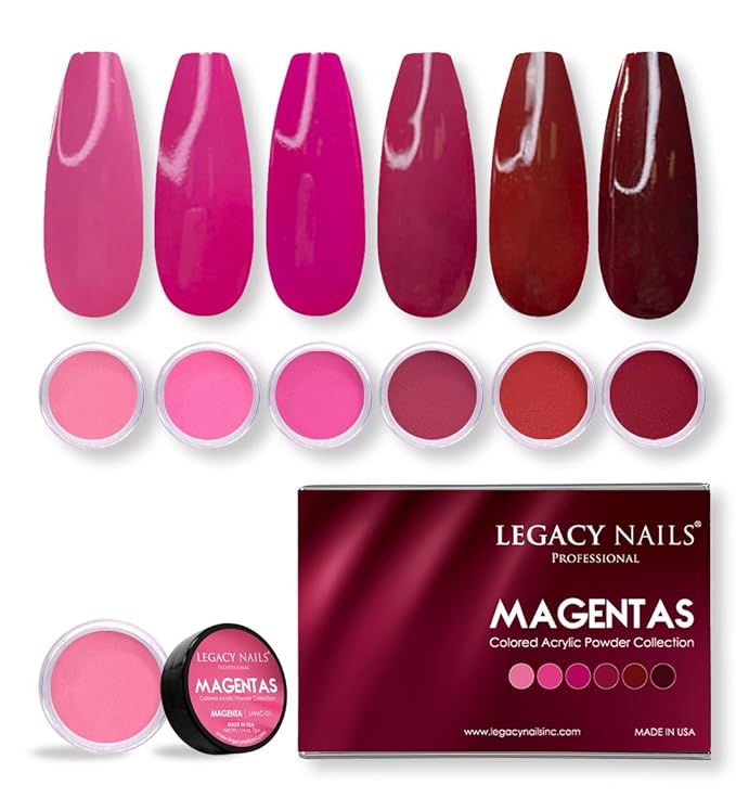 Legacy Nails Professional COLLECTION Acrylic Powder Kit 6 Colors Nail Art Set for Manicure DIY for Dip & Acrylic Nail Extensions (MAGENTAS COLLECTION)