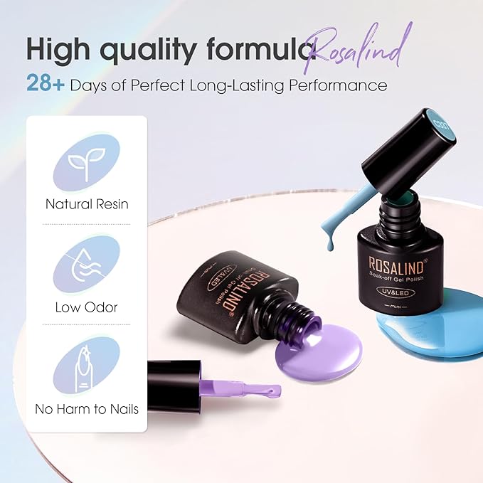 ROSALIND 42 Pcs Gel Nail Polish Set, 38 Colors All Seasons Nail Polish Set Colorful Begginer Kit with Base Coat & Glossy/Matte/Glitter Top Coat, Gel Nail Art Manicure Salon DIY Gifts