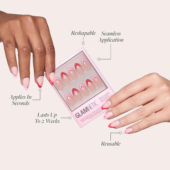 Valentines Day Glamnetic Press On Nails - Pure Hearted | Glossy, Semi-Transparent Short Almond Nails with Heart Accents, Salon Quality | 15 Sizes - 30 Nail Kit with Glue