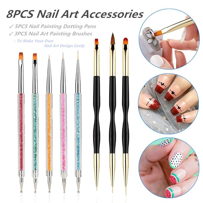 8PCS Nail Art Brushes, Double-Ended Brush and Dotting Tool Kit, Dual End Nail Art Pen Brush Acrylic Round Flat Painting Drawing Liner Nail Tools