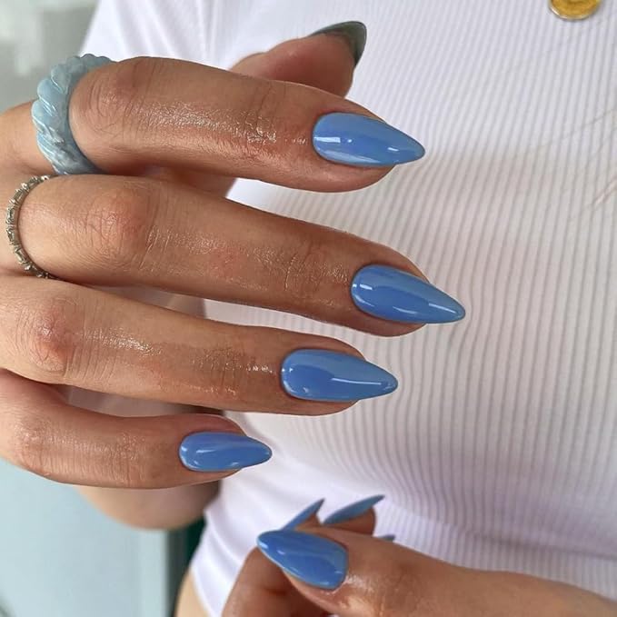 light Blue Press on Nails Almond Shaped Medium Almond Nails Press on Neutral Acrylic Nails Reusable Fake Nails for Women Girls, Glue on Nails Medium Length Stiletto False Nails Gel Artificial Nails