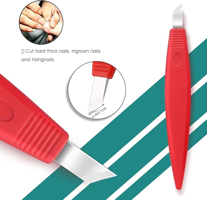 BEZOX Ingrown Toenail Removal Blades and Foot Callus Knife - 3 Different Blades Pedicure Knives with Toenail Lifter and Thick Nail File - Red