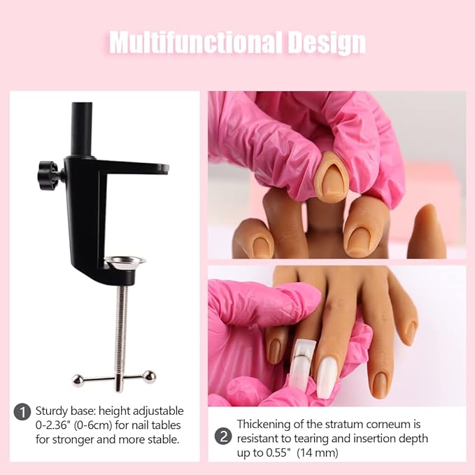 Nail Pratice Training Hand for Acrylic Nails with Stand Bracket,Soft Silicone Maniquin Hand, Flexible Bendable Nail Practice Fake Hand for Nails Art Practice Tool