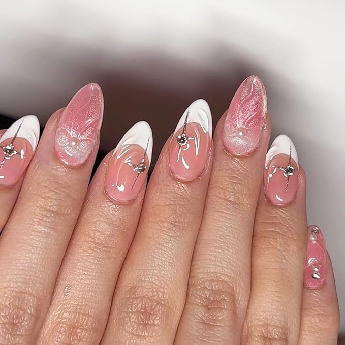 Almond Press on Nails Short Pink Fake Nails Cat Eye False Nails Finish Cute Glue on Nail French Tip Acrylic Nails Bow full Cover Stick on Nail for Women Manicure Nail Decoration 24Pcs