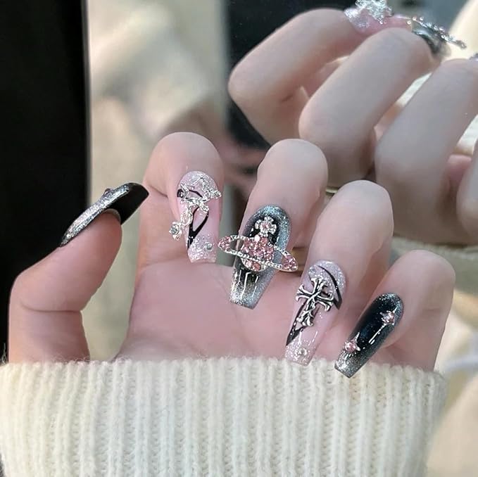 Cat Eye Acrylic Press On Nails,Handmade Thick Strong Waterprooft Star Punk Design Press on Nails, Reusable Stick On Nails 10 Nails Size L, #105