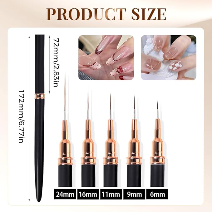 Metallic Nail Art Pens, 2026 New Liner Brushes Set, 5PCS Black Color Nail Tools For Long Lines, Fine Drawing, Liner Brush UV Gel Polish Painting Nail Design Sizes 6/9/11/16/24mm (Pink)