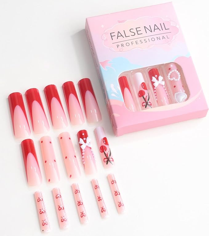 Press on Nails Square - Extra Long Fake Nails with 3D Heart and Bows, Red French Tips White False Nail with Glue Sticker, Stick On Nails for Women, 12 Sizes - 24 Nail Kit, Scarlet Cherry