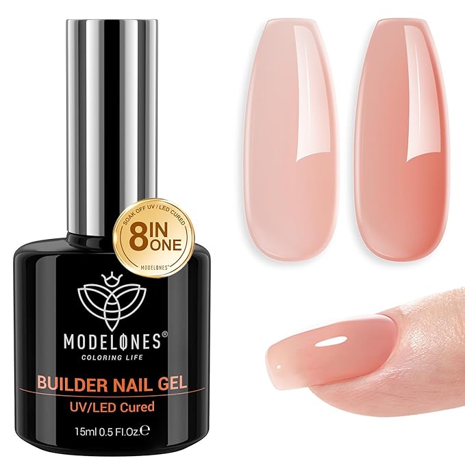 modelones Builder Nail Gel, 8-in-One Sheer Nude Pink Builder, Apricot Blush Pink Rubber Base for Nail Thickening Apex Building LED Lamp Cured Hard Strengthener Extend Color Gel Polish for DIY Salon