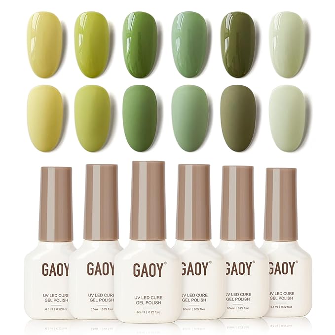 GAOY Green Gel Nail Polish Set, 6 Colors Dark Green Yellow, UV Cure Gel for DIY Manicure at Home