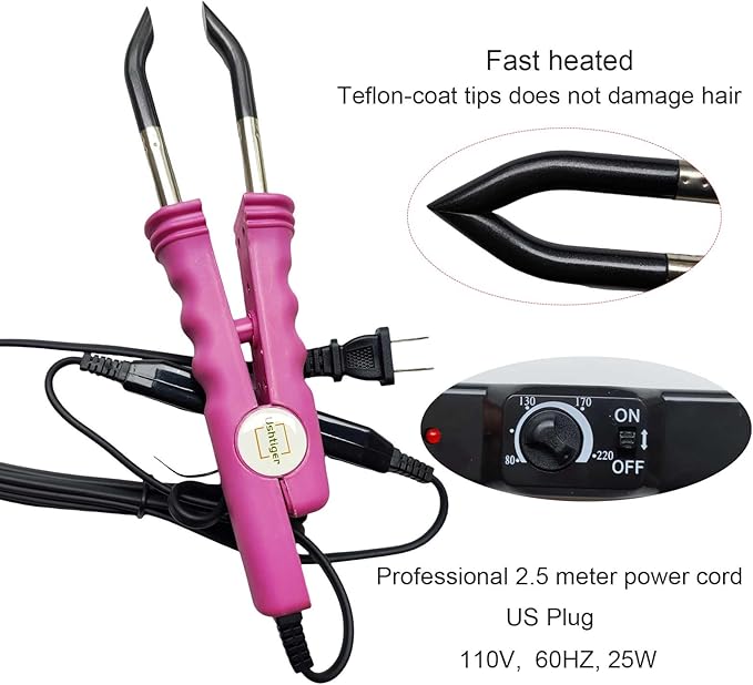 Fusion Hair Extension Tools Connector Wands Install Fusion Flat K Tip Human Hair Keratin Extension Melting Tool Kit For Pre-Bonded Flat Tip Scalp Protectors Teflon Heating Plate Pink