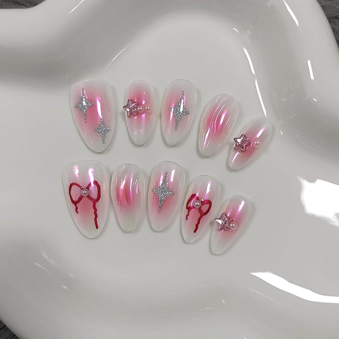 Handmade Press On Nails Almond-Aurora Pink Acrylic Soft Gel Finished Reusable Fake Nails,Y2k Sweet Cool Glue On Nails With 3D Star Bow Charms 10pcs/Box Manicure Kit Sets (L)