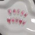 Aurora Pink White Nails with Stars Bow Ties Handmade Press On Nails Almond Acrylic Nails Press ons Y2k Sweet Cool Soft Gel Manicure Art For Women Reusable Glue On Nails 10pcs/Box(S)