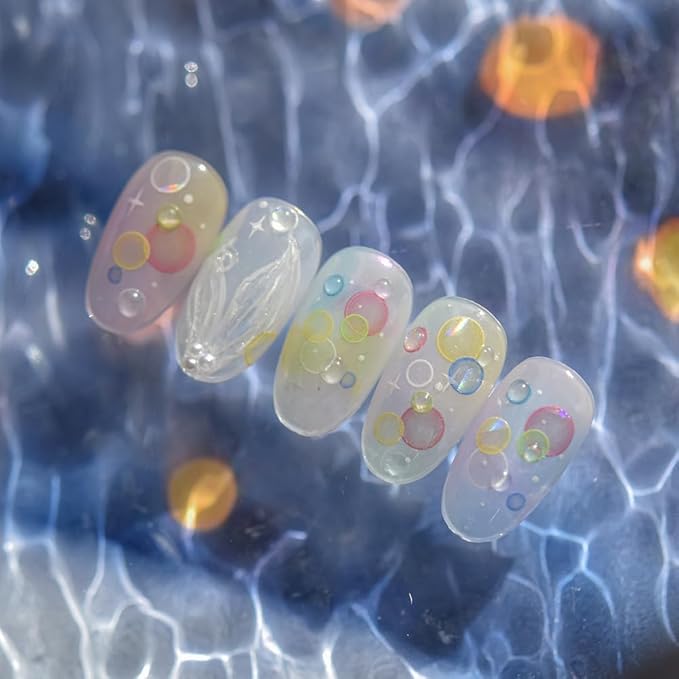 2Sheets Holographic Bubble Nail Art Stickers, Iridescent Circle Design Decals, Translucent White