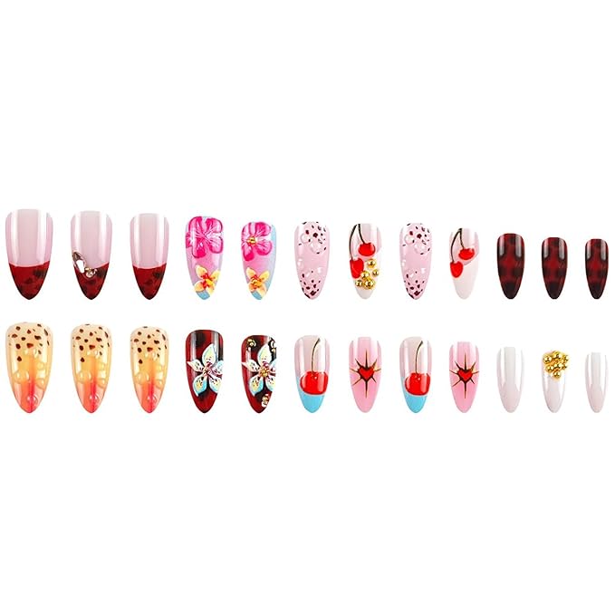 Handmade Press on Nails Medium Almond MABKJLF Fake Nails 3D False Nails with Flower Cherry Leopard Print Gold Ball Designs Glossy Glue on Nail Full Cover Acrylic Nails for Women Girls 24Pcs